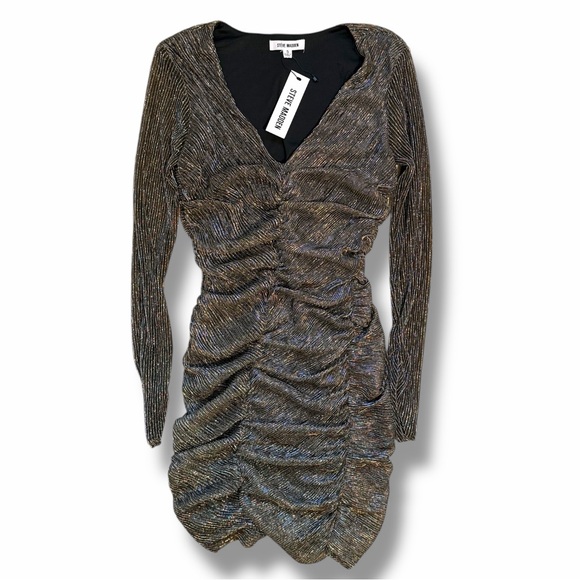NWT Steve Madden Metallic Gold Ruched V-Neck Long Sleeve Mini Dress Small - Picture 2 of 6